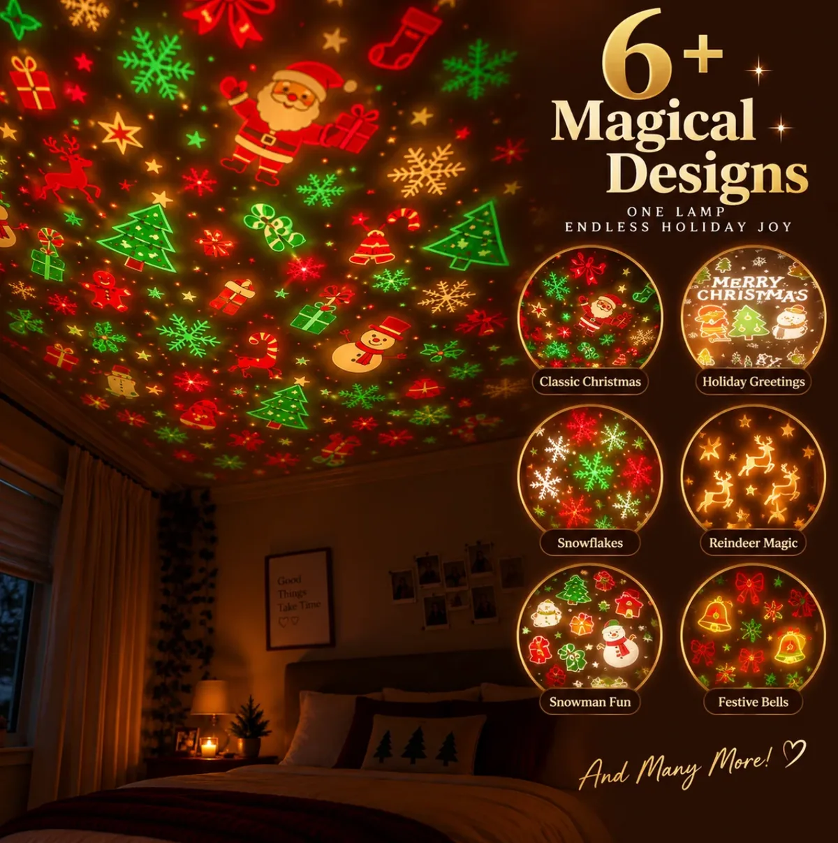 Bedroom ceiling covered in projected Santa, trees, snowmen and snowflakes