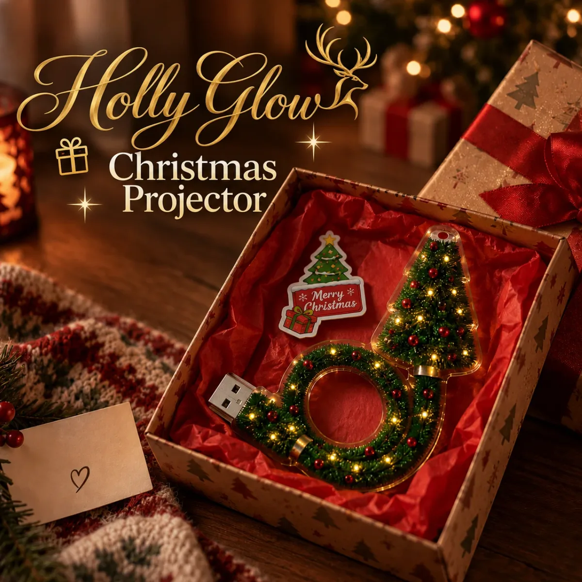 Projector with tinsel tree and Merry Christmas sticker in a festive gift box