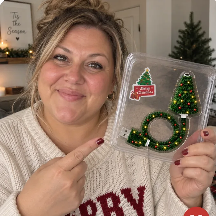 Customer pointing at the projector in its gift packaging